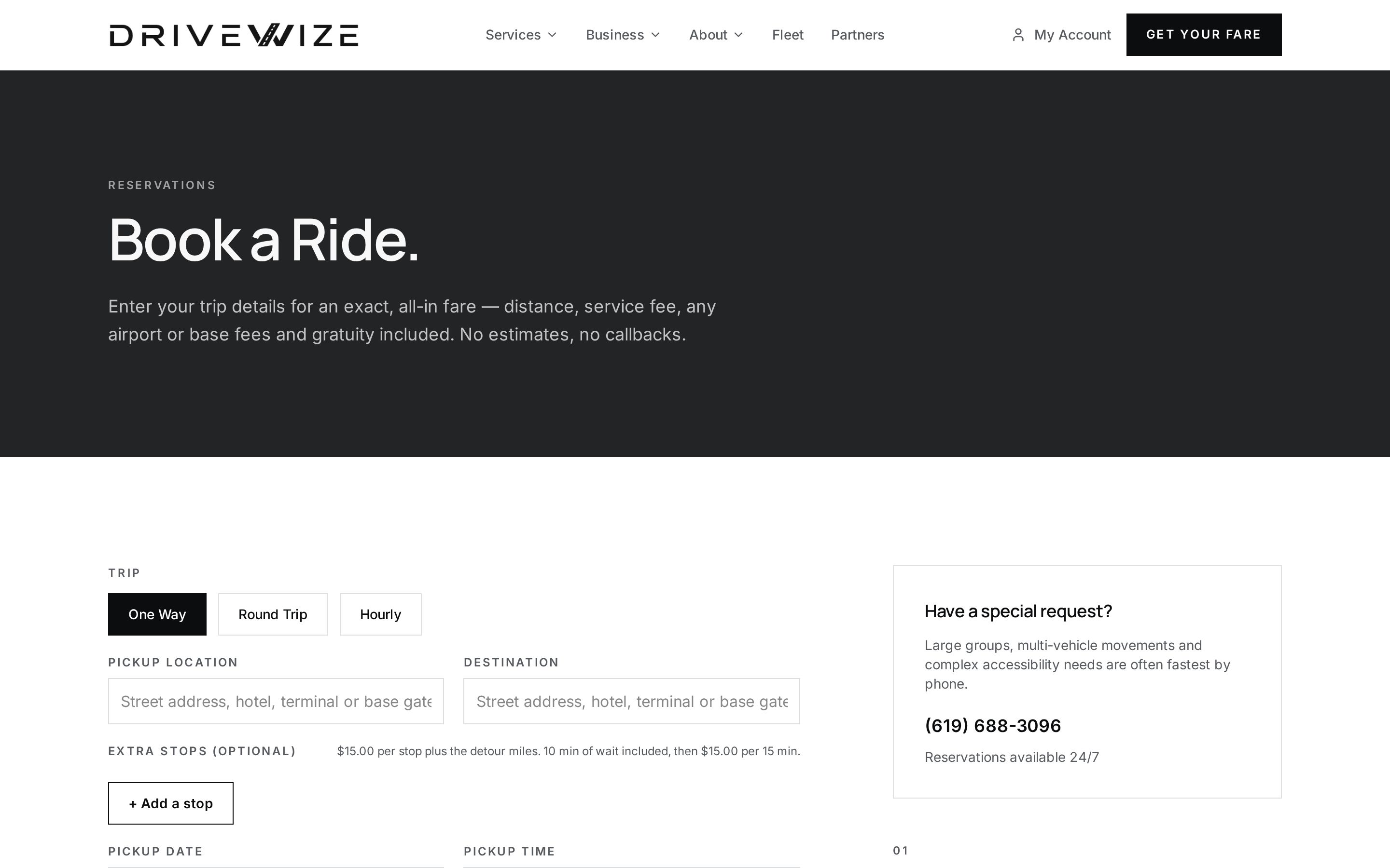 DriveWize online reservation page with fare and trip details